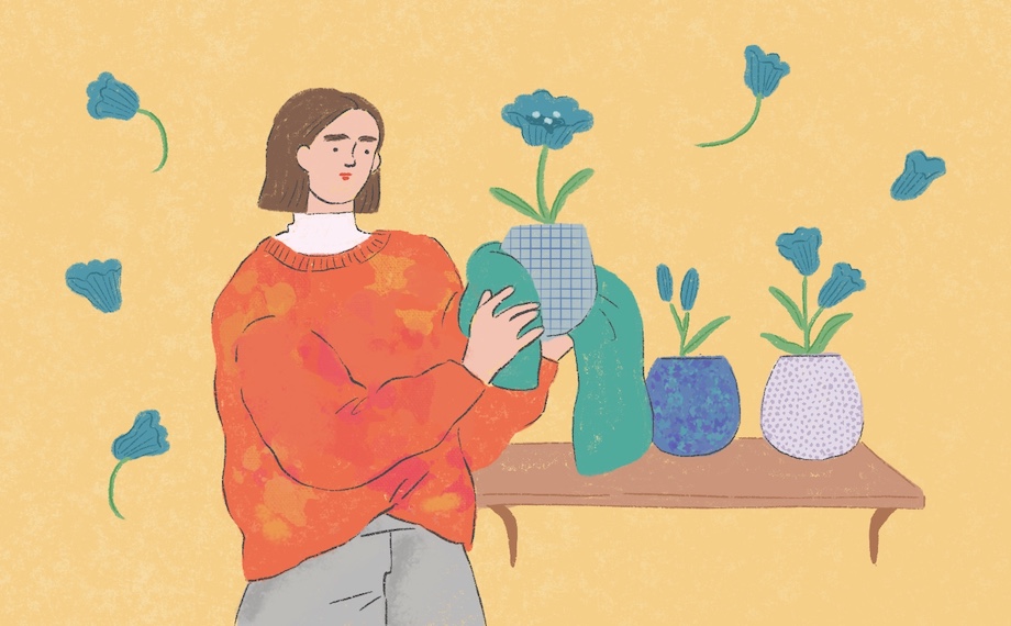 花瓶を磨く女性のイラスト